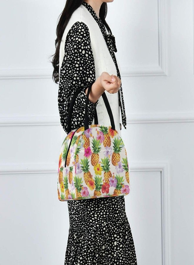 ZzWwR Tropical Colors Flowers Pineapple Reusable Lunch Tote Bag with Front Pocket Zipper Closure Insulated Thermal Cooler Container Bag for Man Women Work Picnic Travel Beach Fishing - Image 4